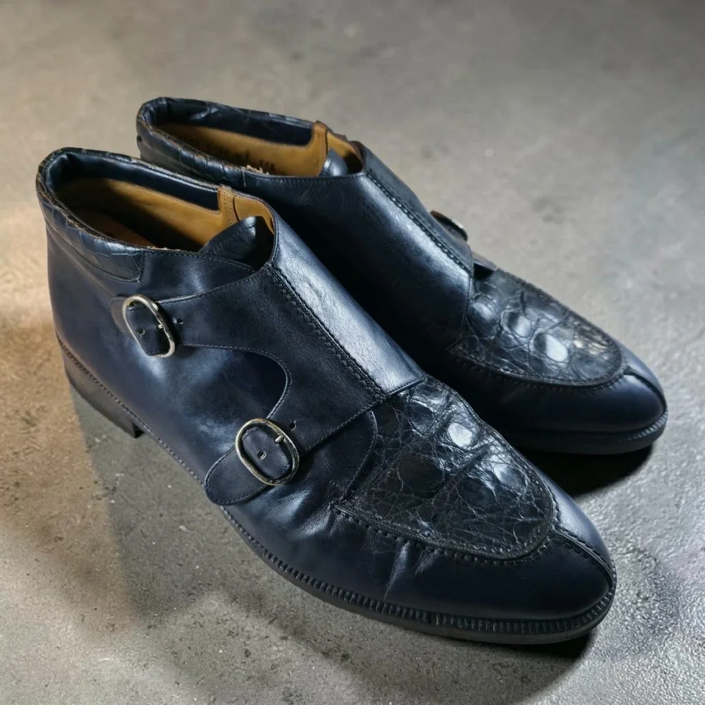 Vintage Mezlan Size 11.5 Crocodile Blue Handmade In Spain Monk Shoes *Read Desc.